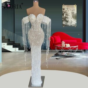 Luxurious Mermaid Full Pearls Off Shoulder Tassles Formal Wedding Gowns 2024 African Arabic Bridal Dresses Custom Prom Dresses
