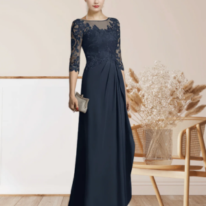 LinasBridal Mother of the Bride Dress Jewel Neck Floor Length Chiffon Lace 3/4 Length Sleeve with Pleats Ruffles Appliques 2024