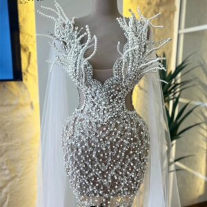 Dubai Pearls Mermaid Evening Dresses Beads 3D Appliques Floor Length See Through Formal Gowns Formal Prom Dress Robe De Soiree