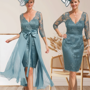 LinasBridal Two Piece Sheath / Column Mother of the Bride Dress Elegant detachable V Neck Lace 3/4 Length Sleeve with Bow 2024