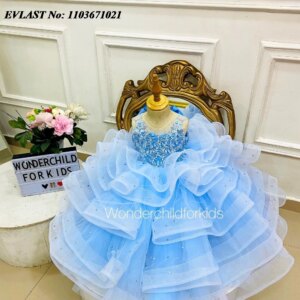 EVLAST Customized Sky Blue Flower Girl Dress For Weddings Beading Tiered Organza Little Girls Pageant Birthday Party Gown FD82