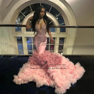 Luxury Sequins Mermaid Prom Dress Sexy Glitter Rhinestone Crystals Ruffle Wedding Party Gowns Customized Black Girls Robe De Bal
