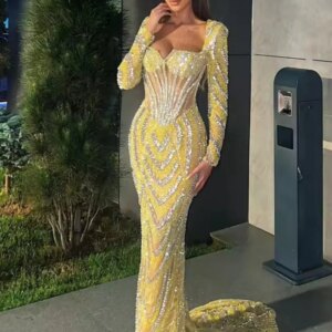 Romantic Sequined Evening Dress For Women Arabic Dubai Prom Dresses 2025 Long Sleeve Shiny Crystals Mermaid Party Wedding Gowns
