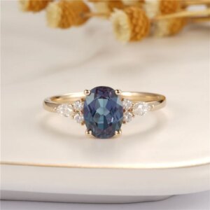 CxsJeremy 14K Au585 Yellow Gold 6*8mm Oval Cut Lab Alexandrite Engagement Ring Vintage Cluster Wedding Band Bridal Anniversary
