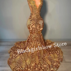 Champagne Dazzle Mermaid Long Prom Dress Gorgeous Beaded Crystal Rhinestone Black Girls Birthday Party Evening Gowns Customised