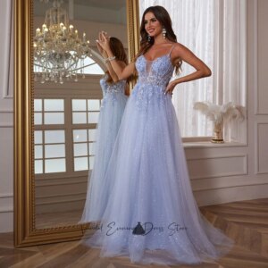 Vindal Spaghetti Straps Lace Applique Bright Tulle Luxurious Formal Evening Dress Saudi Arabia Party Dress Lace-up Customized