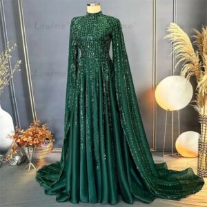 Dubai Design Arabic Long Sleeves Formal Evening Dresses 2024 High Neck Beaded A Line Party Dress Middle East Women Prom Dresses