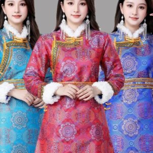 Mongolian Clothing Women’s Autumn and Winter Mid-Length Traditional Robe Dress Daily Casual Clothes Ethnic Style Dance Costume