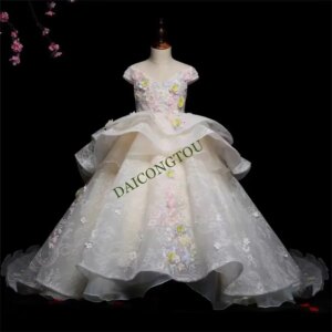 CustomizedBall Gown Baby Flower Girl Dresses Appliques Court Train Princess Prom Birthday Party Gowns Wedding Kids