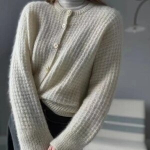 Checkered button round neck long sleeved handmade cardigan loose lazy comfortable soft mohair sweater spring autumn new style