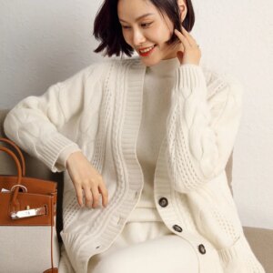 High Quality 2023 Autumn and Winter New Women’s Loose Mid-Length Twisted Sweater Coat Knitted Cardigan