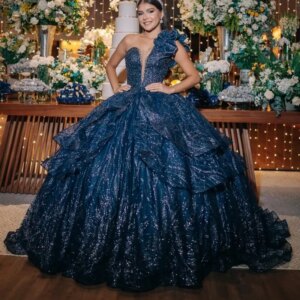 Customized Shiny dark blue Off Shoulder Quinceanera Dress sequin applique crystal Long tail ruffle vestidos de 15 Quinceanera