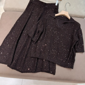 Summer 2025 Women’s Sequined 2-Piece Set Turn-down Collar Short Sleeve Shirt or High Waist A-Line Midi Skirt Elegant Knit Suit