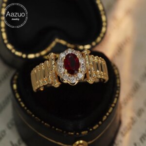 Aazuo 18K Solid Yellow Gold Rings For Women Sparkling Oval Ruby Diamonds Rings Simple Style Delicate Trendy Fine Gifts Jewelry