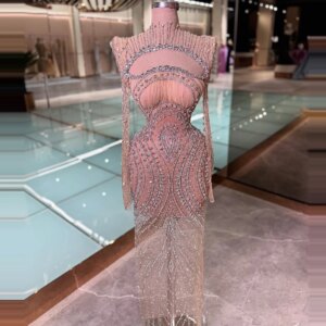 Customized High Neck Mermaid Prom Dress Long Sleeve Floor Length Evening Dress Crystal Beaded Celebrity Dress 2025
