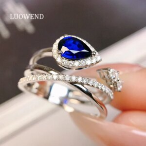 LUOWEND 100% 18K White Gold Rings Real Natural Diamond Natural Sapphire Ring for Women Romantic Fashion Design Senior Banquet