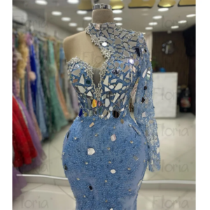 Exquisite Blue Women Prom Dresses Trumpet High Quality Floor Length Shiny High Quality One Sleeve Fashion Evening Party Gowns