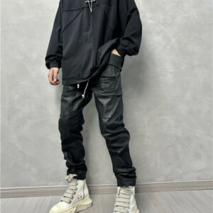 Dark Retro Coated Multi-Pocket Cargo Pants Wax Surface Skinny Pants Men and Women