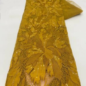African Nigerian Sequins Embroidery Tulle Lace Fabric, Sewing Beads Stone Prom Dresses, High Quality, 5Yards, 2025