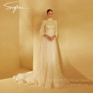 SSYTENS Glitter Sequined Full Lace Wedding Dresses High Neck Bride Dresses Women Long Bridal Gowns vestidos de novia Customized