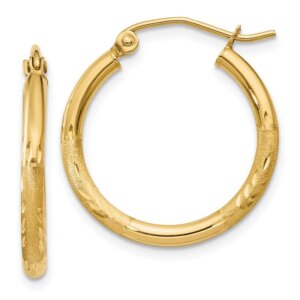 14k Satin and Diamondcut 2mm Round Tube Hoop Earrings