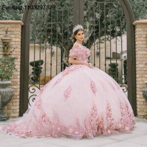 EVLAST Customized Blush Pink Quinceanera Dress Ball Gown Applique Beading Bow Mexican Corset Sweet 16 Vestido De 15 Anos TQD969