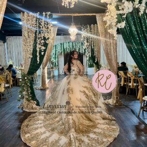 Mexican Customized Quinceanera Dress Ball Gown Gold Lace Applique Beaded Sweet 16 Dress Long Sleeve Vestidos De 15 XV Años