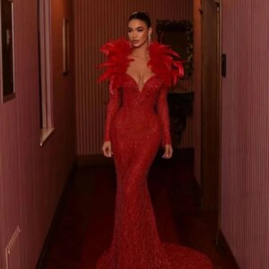Feather Evening Dress Long Sleeve Mermaid Dubai Women Wedding Engagement Party Dress Customized Formal Prom Gowns Robe Soirée