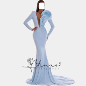 customized V Neck Long Sleeves Jersey Pleats Mermaid Floor Length Sweep Train Backless Sequined Solid Color Evening Dress Custom