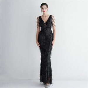 Polyester thread fringe bead piece evening dress long party slimming evening dress temperament elegant long