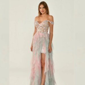 Customized Net Applique Tiered Flower Celebrity A-line Off-the-shoulder Bespoke Occasion Gown Hi-Lo Dresses