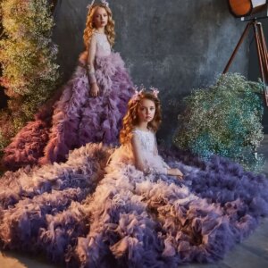 Purple Flower Girl Dresses For Weddings A-line Scoop Tulle Ruffles Long Girls Pageant Dresses Little Kids Baby Customized