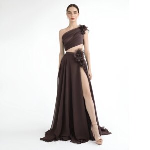 One Shoulder Top with Skirt High Leg Slit Party Wear Outfit Wedding Guest Dress