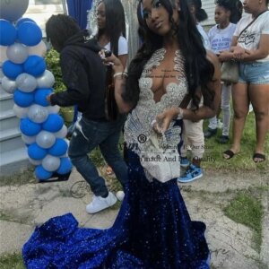 Shiny Diamonds Mermaid Prom Dresses Long Sequins Gown Beaded Crystal Rhinestones Wedding Birthday Party Dress Customized