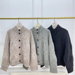 Classic Twisted Yarn Stand Collar Wool Cardigan Women’s Thickened Warm Drop Shoulder All-match Sweater Jacket