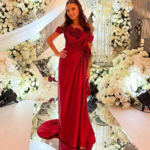 Customized Long Red Satin Evening Dresses with Hand Made Flowers Mermaid Pleated حزب اللباس Zipper Back Prom Dresses for Women