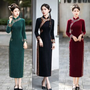 Old Shanghai Retro National Style Long Nine-Quarter Sleeve Cheongsam Qi Pao Winter New Middle-Aged and Elderly plus Size