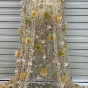 3D Flower African Embroidery Lace Yellow Flower Beaded Fabric Lace Wedding Dress Gold French Lace Sequin Tulle Lace For Sewing