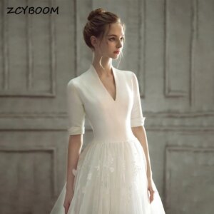 Customized Satin V-Neck Appliques Simple Half Sleeves Wedding Dresses For Women 2025 Court Train Bridal Gowns Vestidos De Novia