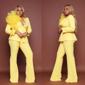 Plus Size Yellow Women Pants Suit Flowers Celebrity Lady Long Sleeve Wear Evening Party Wedding Formal Outfits 2 Pieces