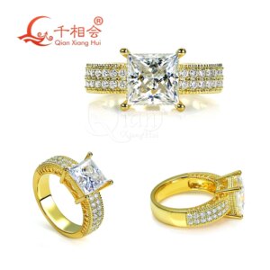 2ct 8mm Square Shape Sterling 925 Silver Yellow Gold Half Two Rows Band Moissanite Diamond Ring Women Men Fine Jewelry Gift