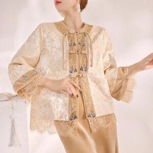 New national ethos light luxury lace sleeve design Chinese top half skirt suit women