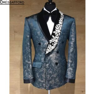 Navy Blue Jacquard Groom Wear Appliques Lace Formal Men Suits 2 Piece Jacket And Pants Sets Smart Casual Business Blazer
