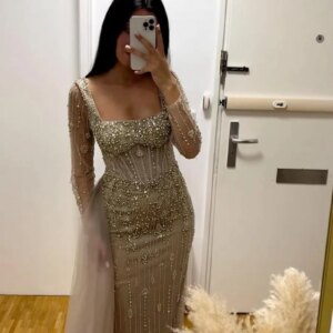 MYMB Champagne Mermaid Stunning Beaded Women Wedding Party Gowns Arabic Modest Long Sleeves Overskirt Evening Dresses MB20017