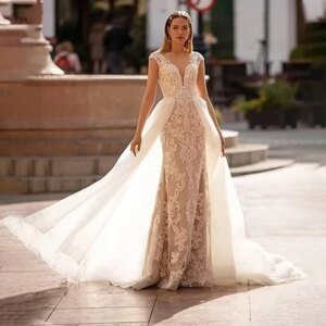 Fair Lady Wedding Dresses for Bride 2024 V Neck Beaded Straps Lace Appliques Bridal Gown for Women
