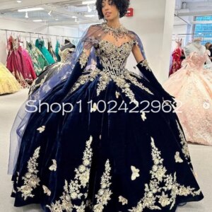 CustomsizedNavy Blue Velvet Quinceanera Dresses with Cape Gillter Floral Applique Butterfly Boning Corset bestidos para 15 años