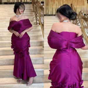Customized Satin Flower Draped Homecoming Mermaid Off-the-shoulder Bespoke Occasion Gown Midi Dresses Arabia Prom