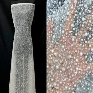 High Quality Fashion French Mesh Beads Embroidery Lace Fabric African Nigerian Sequins pearl Lace Fabric for Wedding Dress ShitT