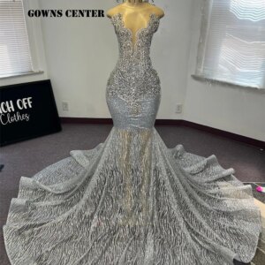 Illusion Silver Mermaid Junior Prom Dresses 2025 Luxury Gowns Black Girs O Neck Formal Occasion Dress Cocktail Customized