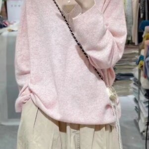 Women’s V-neck new autumn and winter 100% pure cashmere loose and lazy style knitted base layer sweater versatile top